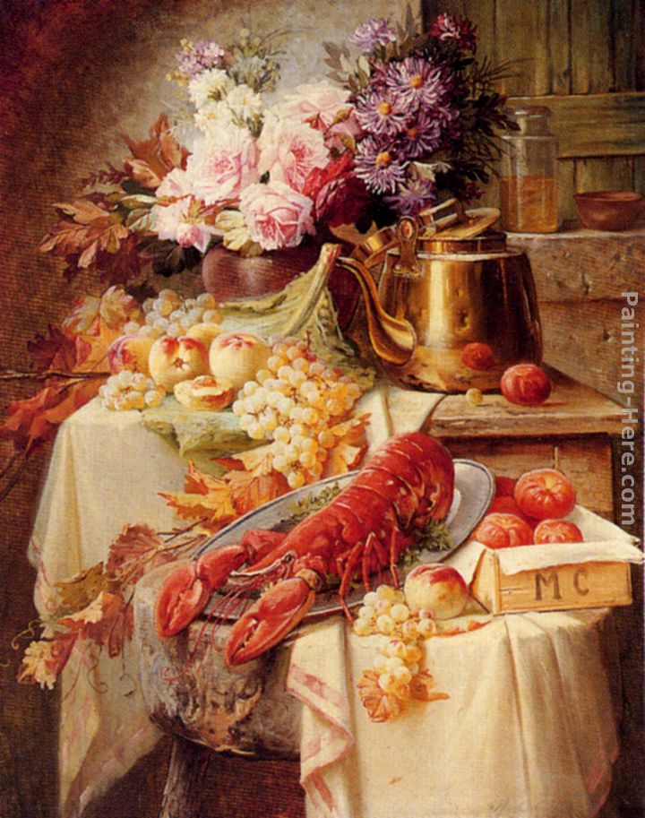 Still Life With A Lobster And Assorted Fruit And Flowers painting - Modeste Carlier Still Life With A Lobster And Assorted Fruit And Flowers art painting